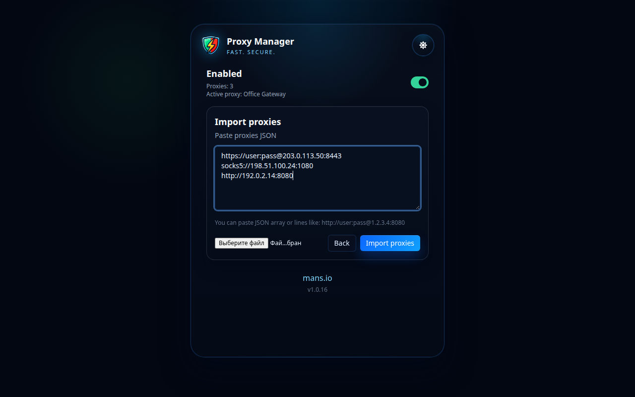 Ekran importu Menedżera proxy