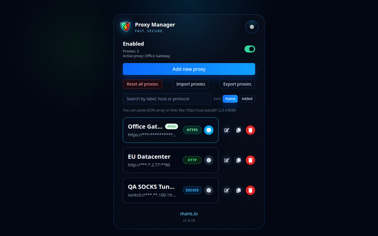 Lista profili menedżera proxy